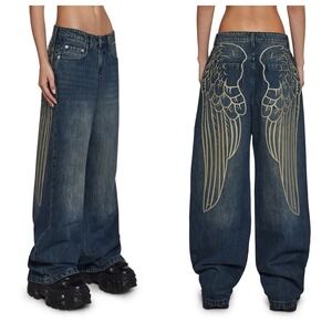 Current Mood Dolls Kill Angel Wing Wide Leg Baggy Jeans Dark Blue XXS NEW